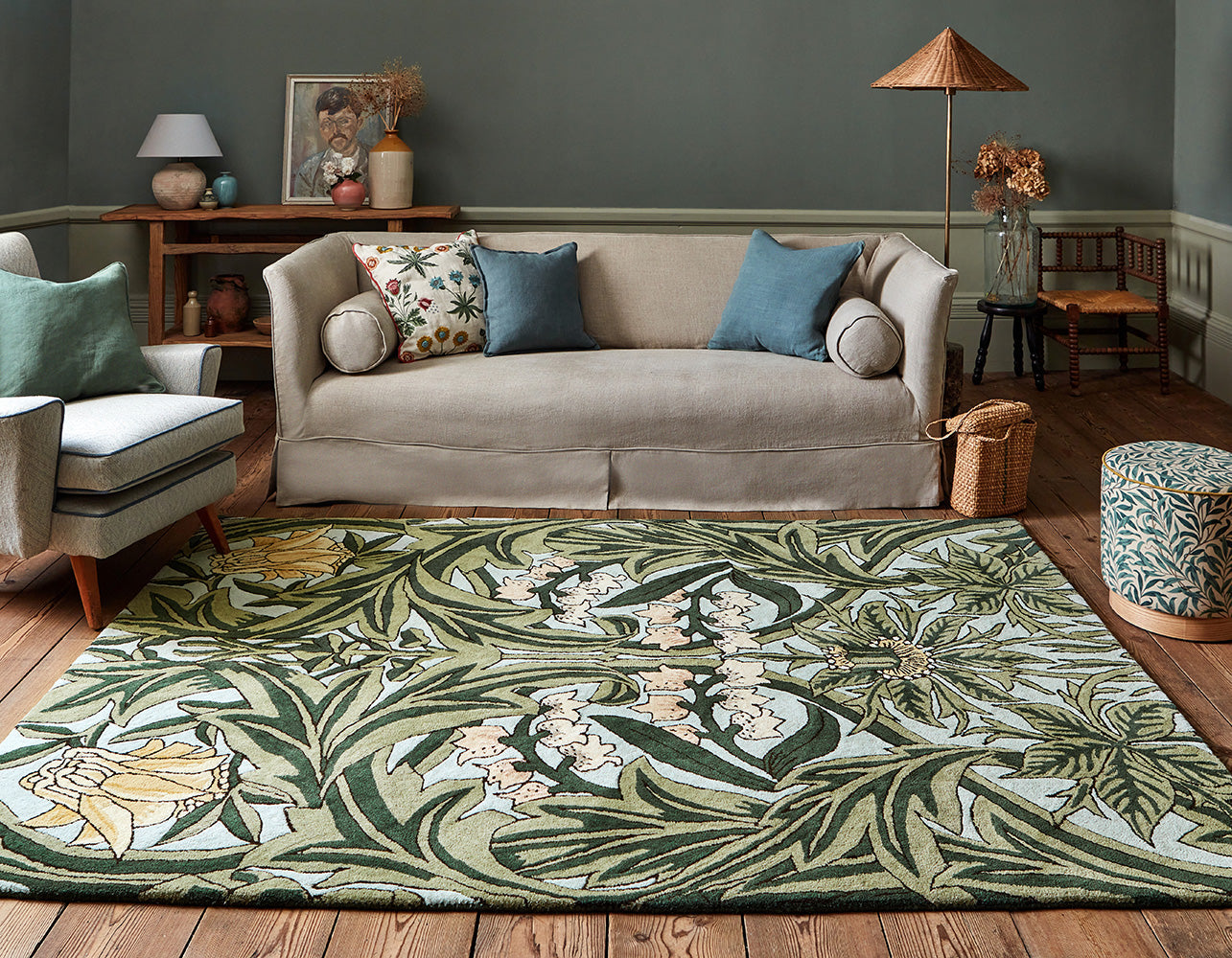 Morris & Co Bluebell Leafy 127607 In Arbour Green Rug