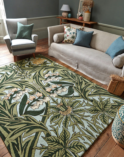 Morris & Co Bluebell Leafy 127607 In Arbour Green Rug