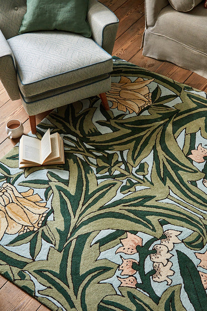 Morris & Co Bluebell Leafy 127607 In Arbour Green Rug