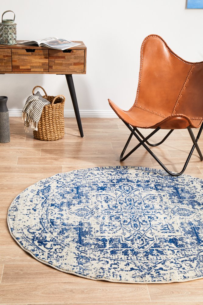 Evoke In White & Navy : Round Rug