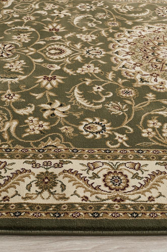 Sydney Collection Medallion Rug Green With Ivory Border