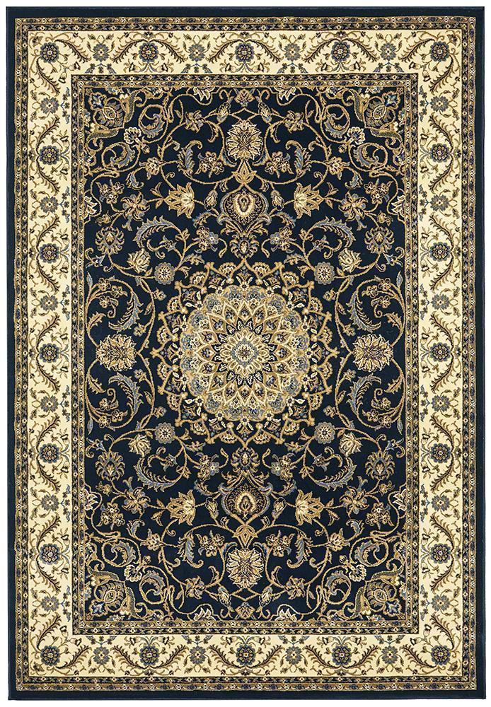 Sydney Collection Medallion Rug Blue With Ivory Border