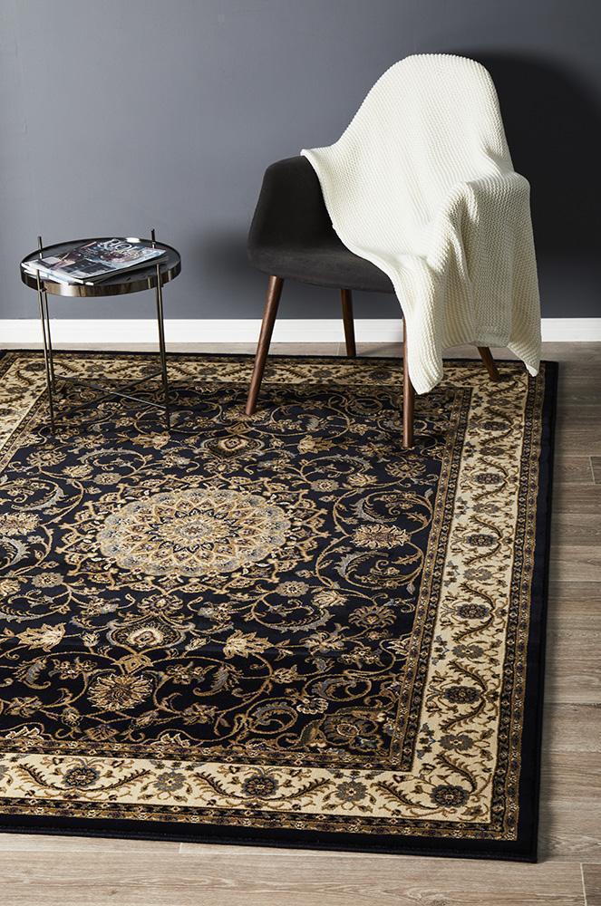 Sydney Collection Medallion Rug Blue With Ivory Border