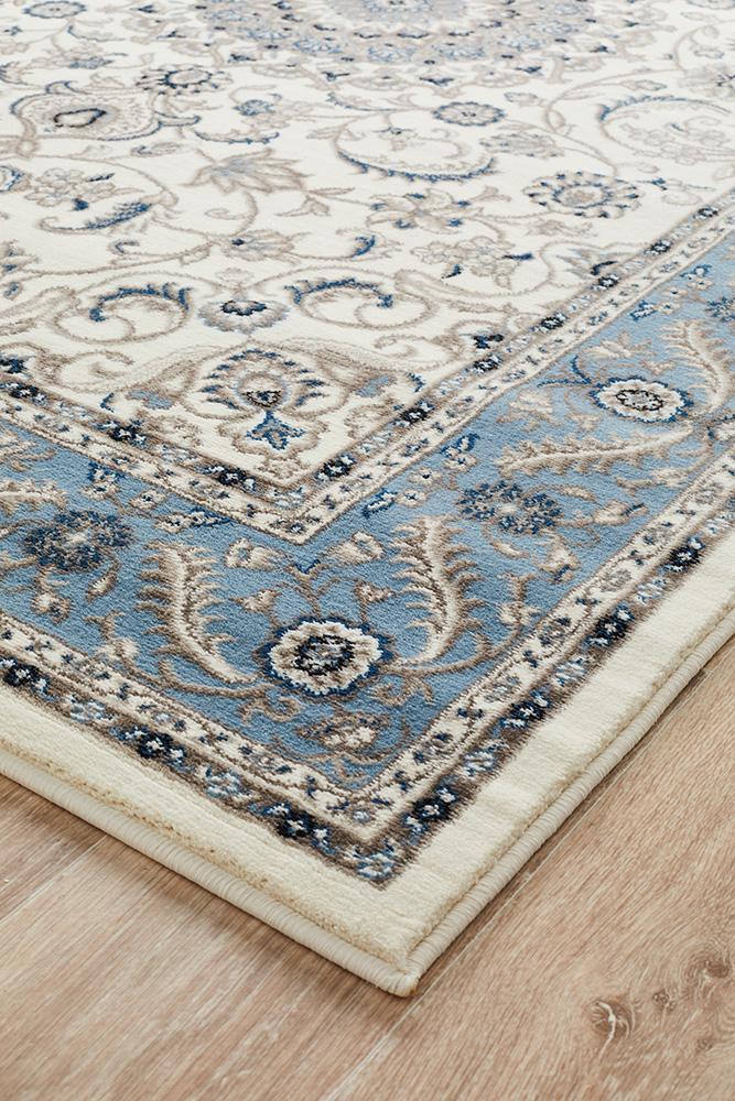 Sydney Collection Medallion Rug White With Blue Border