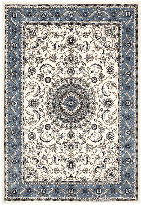 Sydney Collection Medallion Rug White With Blue Border